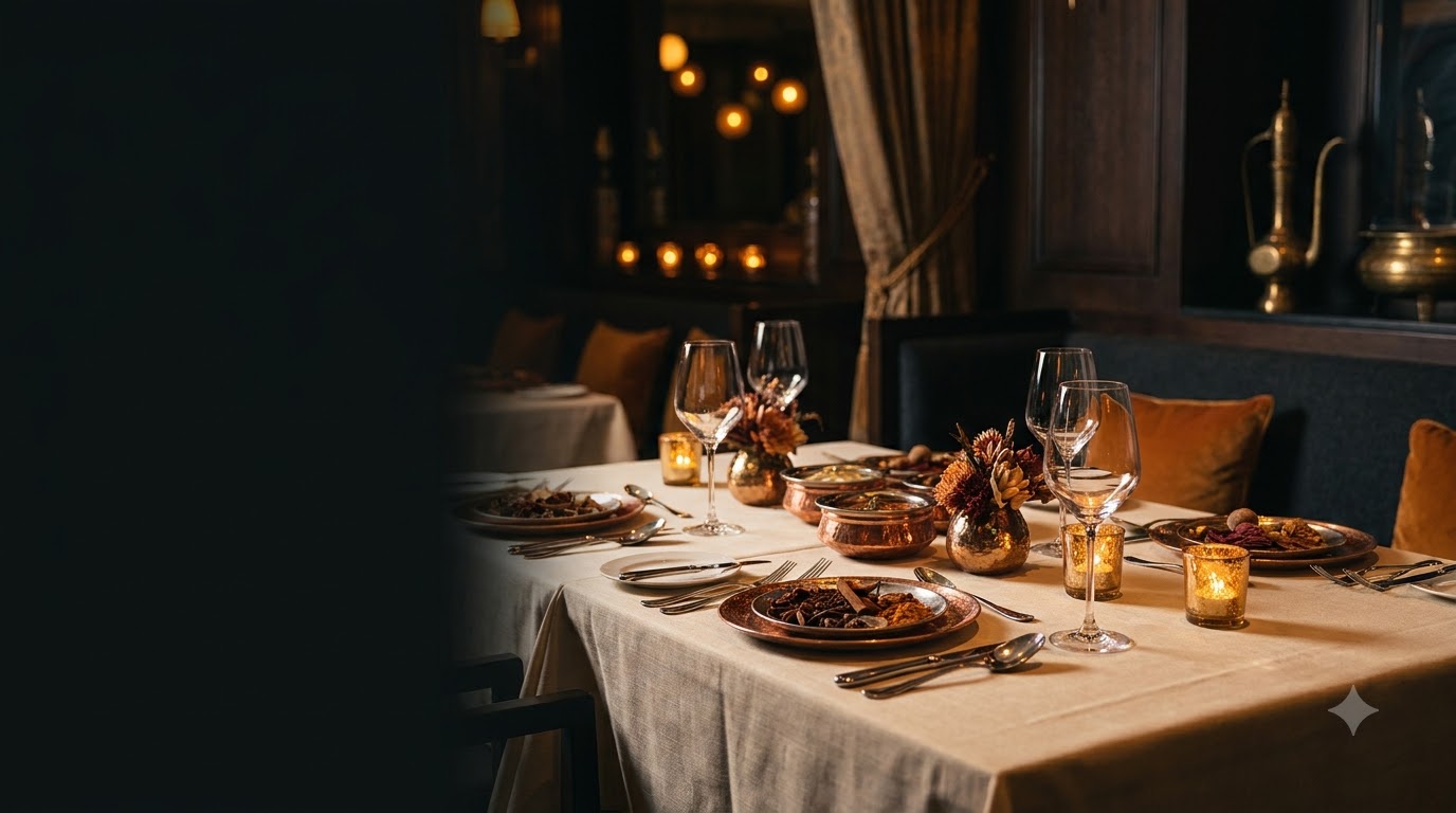 A candle-lit table set for dining with copper serving bowls and wine glasses.