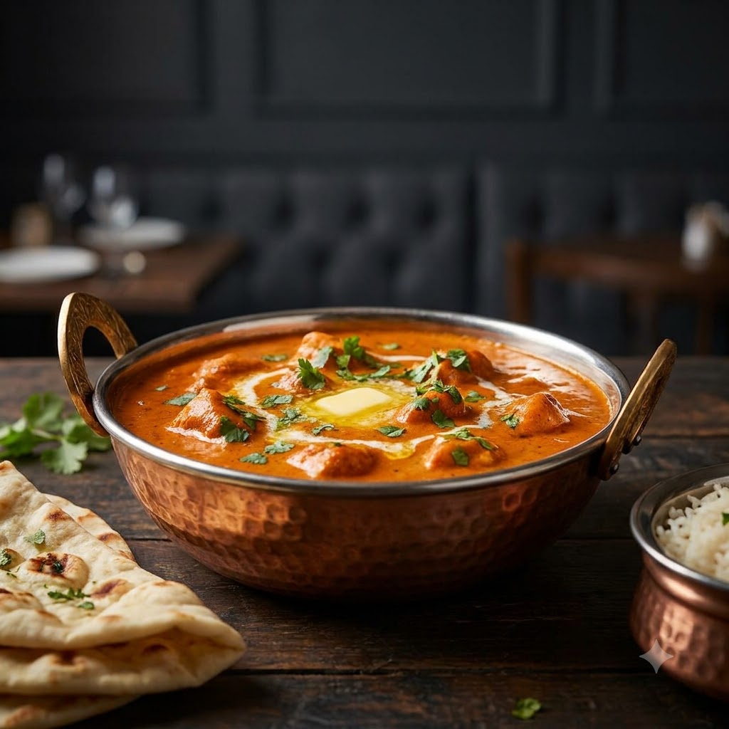 Butter chicken in a rich tomato-butter gravy with naan and rice.
