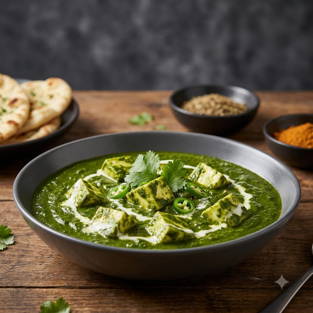 Saag paneer, a creamy spinach curry with cubes of paneer, garnished with cream and chilli.