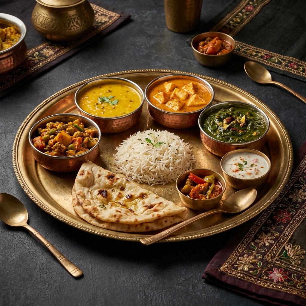 North Indian vegetarian thali with dal, paneer curry, vegetables, rice, and naan.