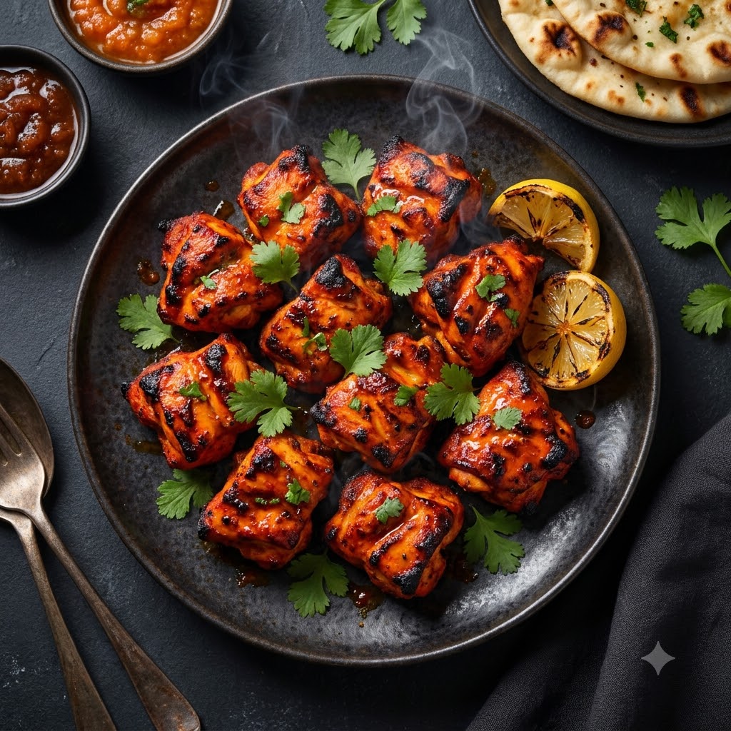 Smoky grilled chicken tikka skewers with charred edges, served with lemon and coriander.