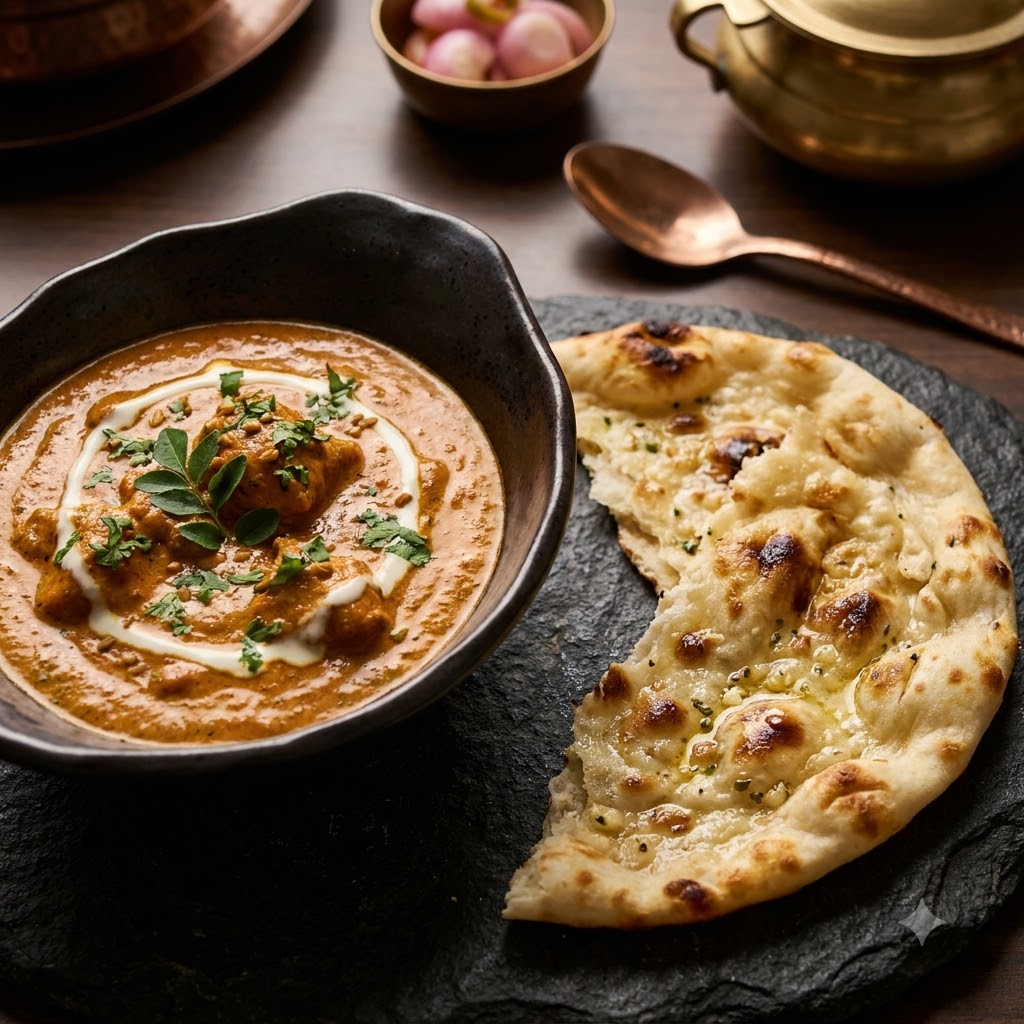 Butter chicken and garlic naan served on a slate board with pickled onions.