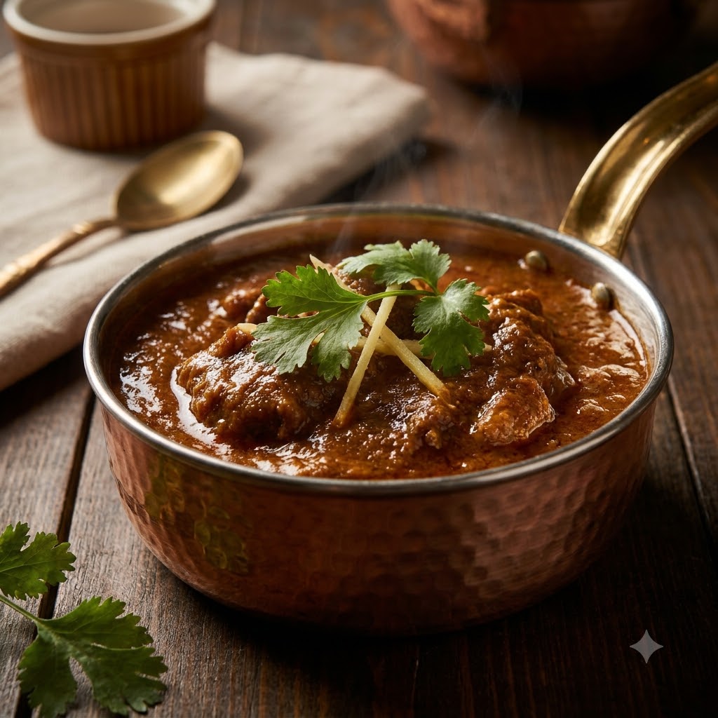 A rich, dark curry garnished with coriander and ginger in a copper bowl.