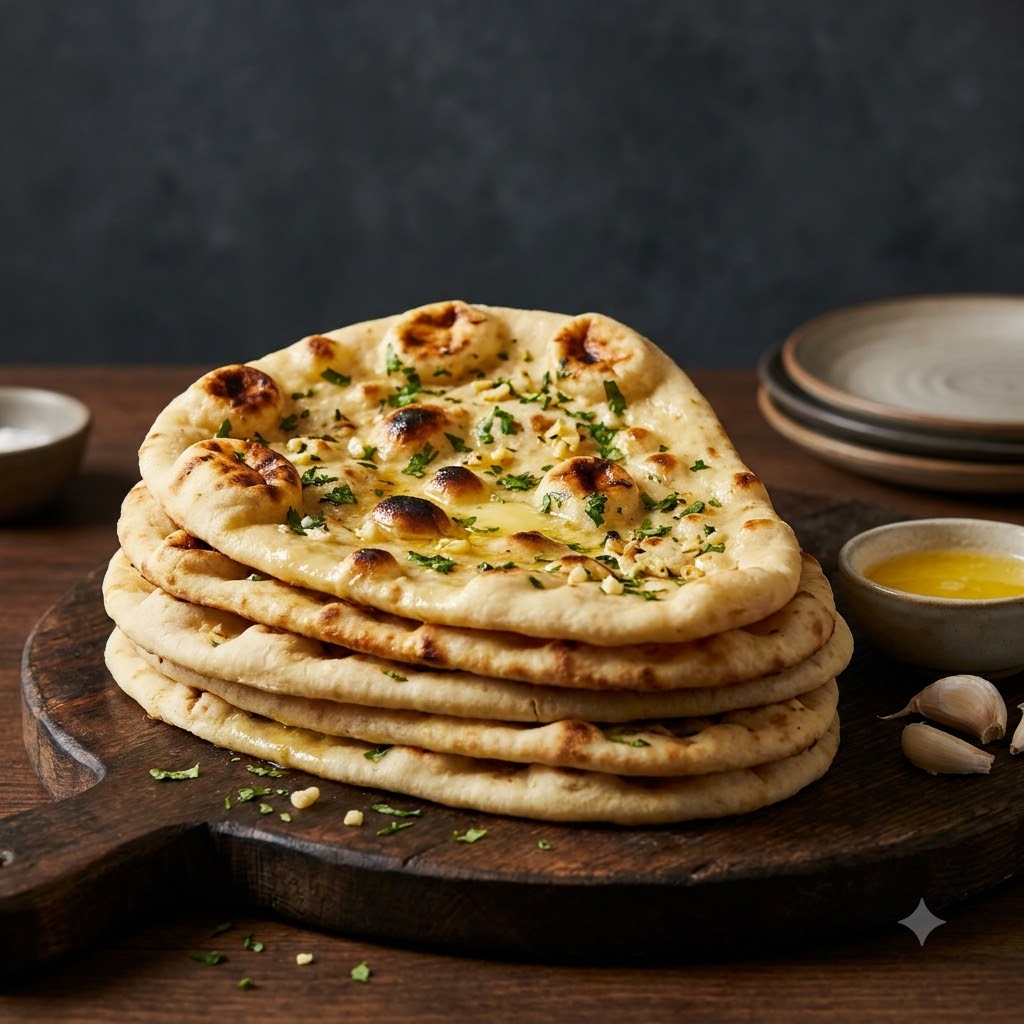 A stack of freshly baked garlic naan topped with butter and coriander.
