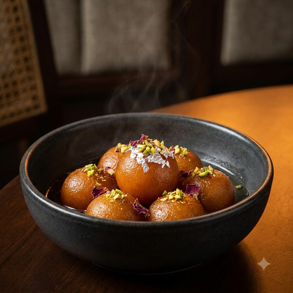 Gulab jamun dessert garnished with pistachio and rose petals.