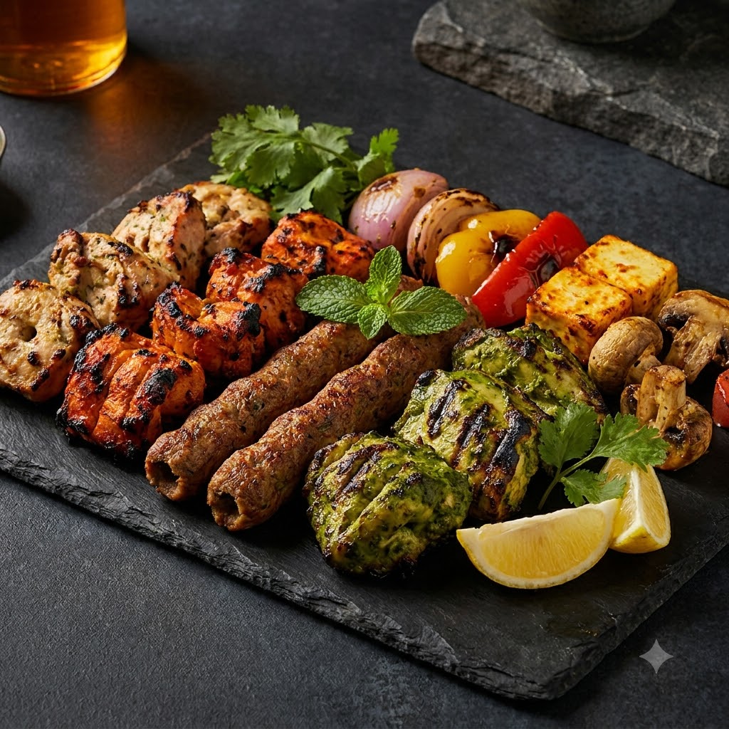A tandoori platter with grilled chicken, paneer, and vegetable skewers.
