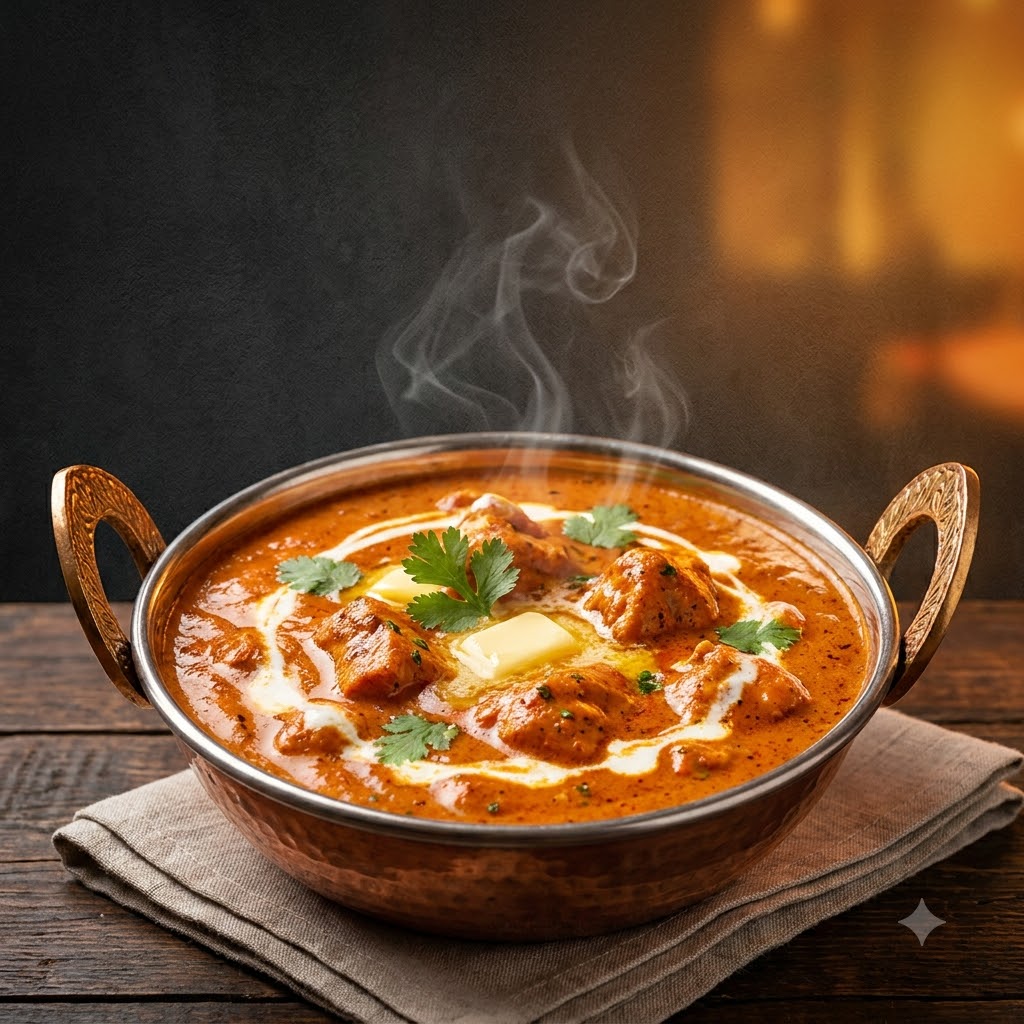 Butter chicken curry with cream and coriander, served steaming in a copper karahi.