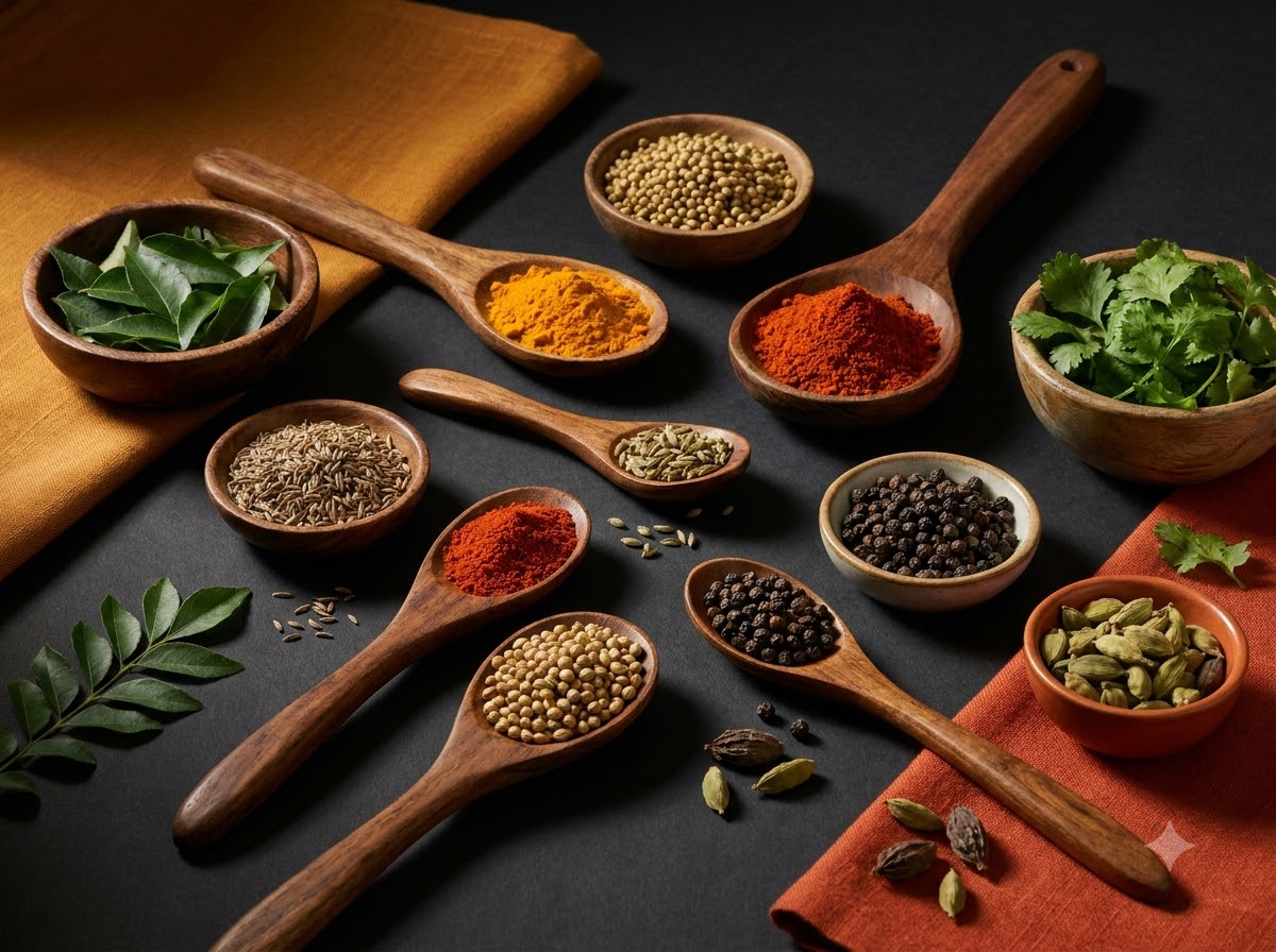 An assortment of whole and ground Indian spices arranged in wooden spoons and bowls.