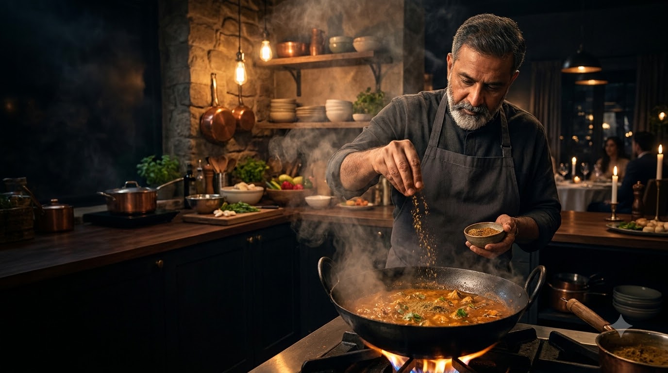 A chef seasoning a pan of curry over an open flame in a warmly lit kitchen.